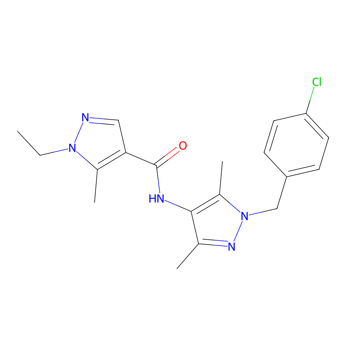 N-[1-(4-chlorobenzyl)-3,5-dimethyl-1H-pyrazol-4-yl]-1-ethyl-5-methyl-1H-pyrazole-4-carboxamide molecular structure, CAS 515849-26-0