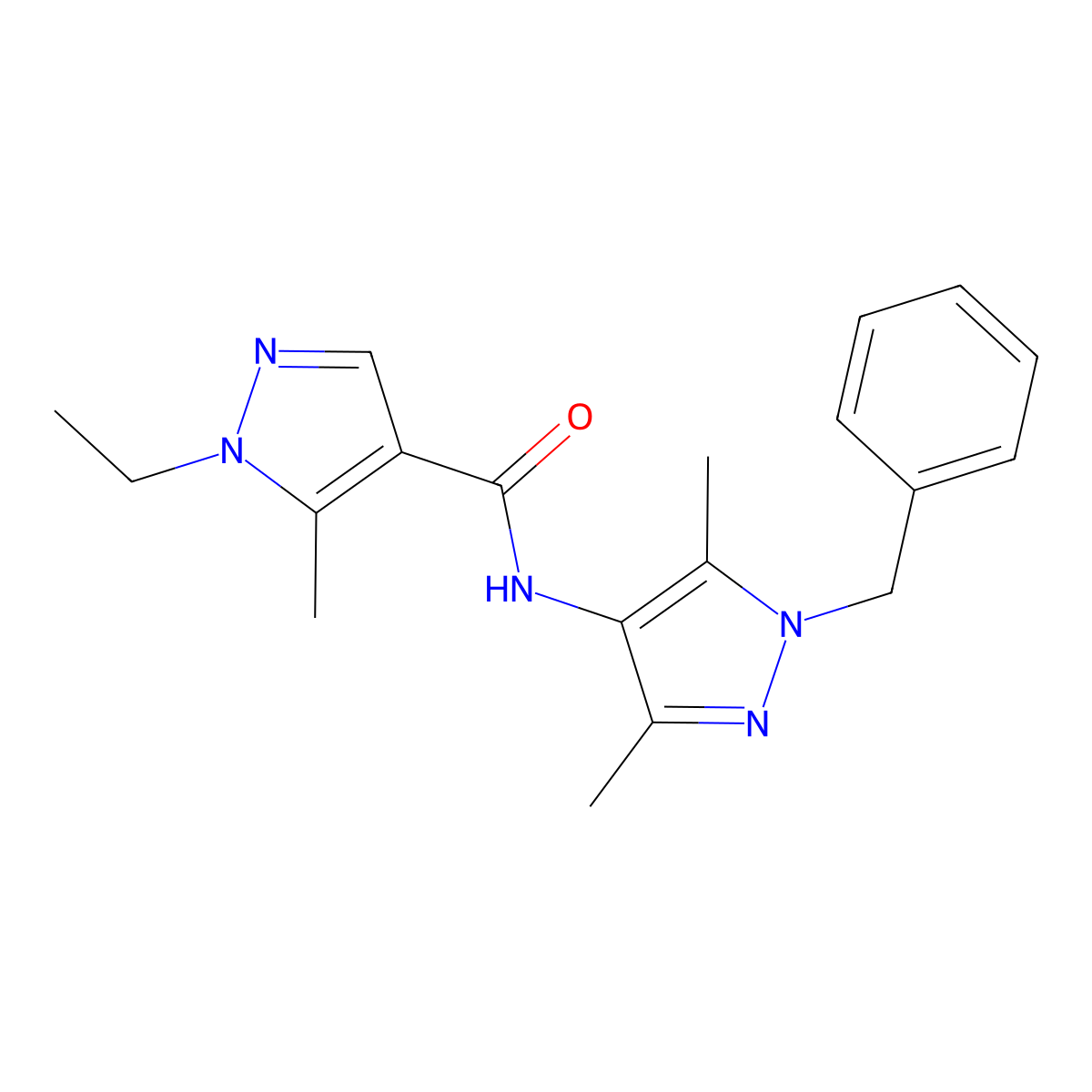 N-(1-benzyl-3,5-dimethyl-1H-pyrazol-4-yl)-1-ethyl-5-methyl-1H-pyrazole-4-carboxamide molecular structure, CAS 515849-30-6