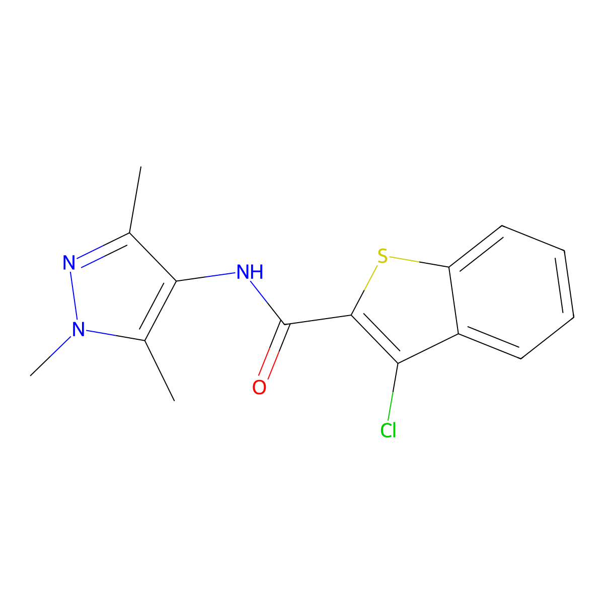 3-chloro-N-(1,3,5-trimethylpyrazol-4-yl)-1-benzothiophene-2-carboxamide molecular structure, CAS 515849-51-1