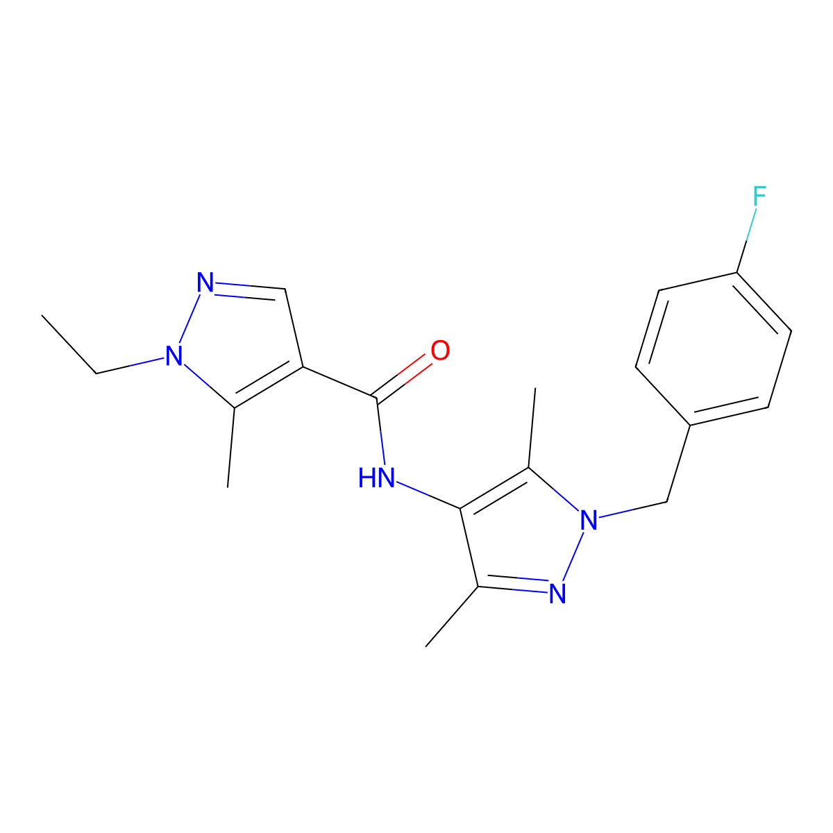 1-ethyl-N-[1-[(4-fluorophenyl)methyl]-3,5-dimethylpyrazol-4-yl]-5-methylpyrazole-4-carboxamide molecular structure, CAS 515849-67-9