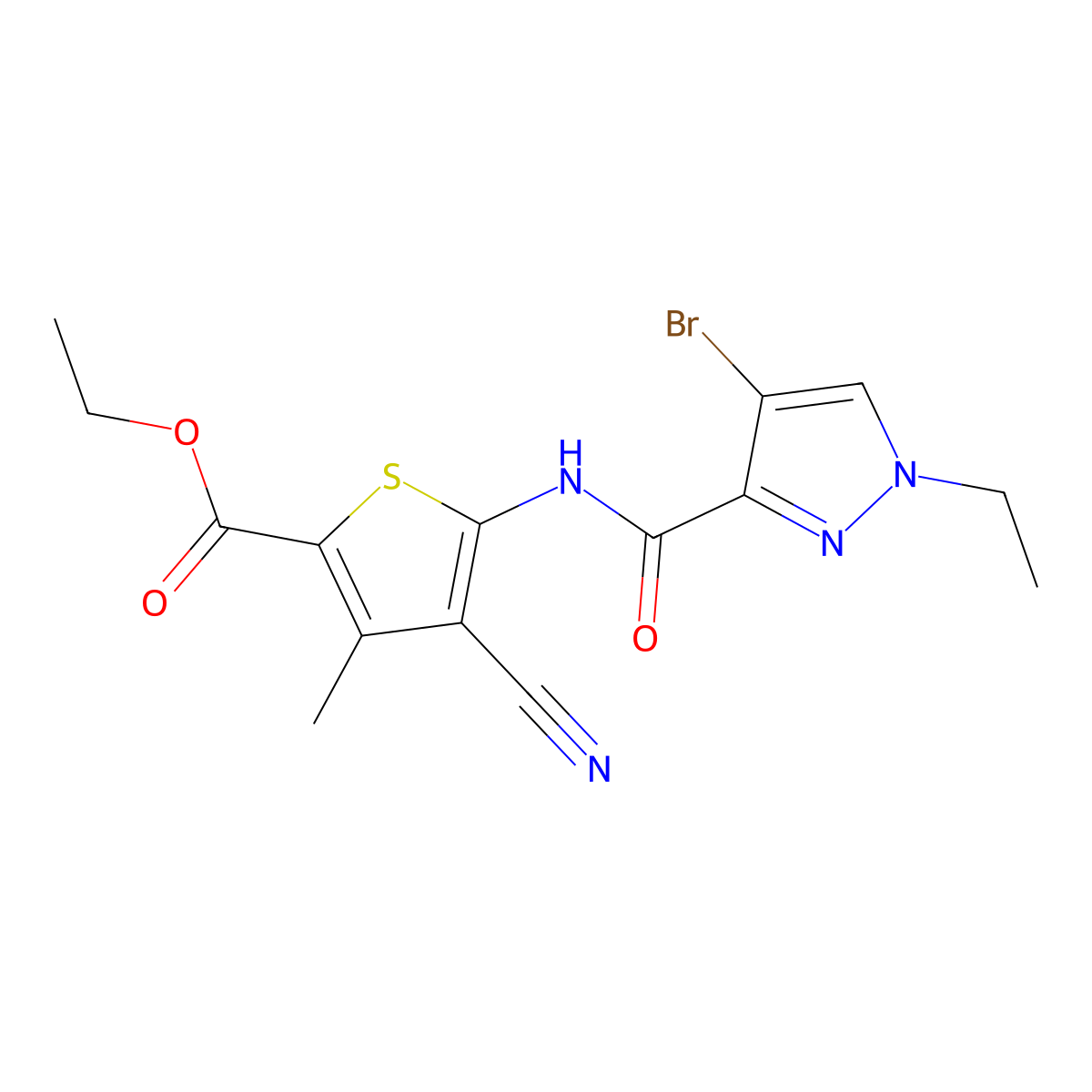 ethyl 5-{[(4-bromo-1-ethyl-1H-pyrazol-3-yl)carbonyl]amino}-4-cyano-3-methyl-2-thiophenecarboxylate molecular structure, CAS 515849-69-1