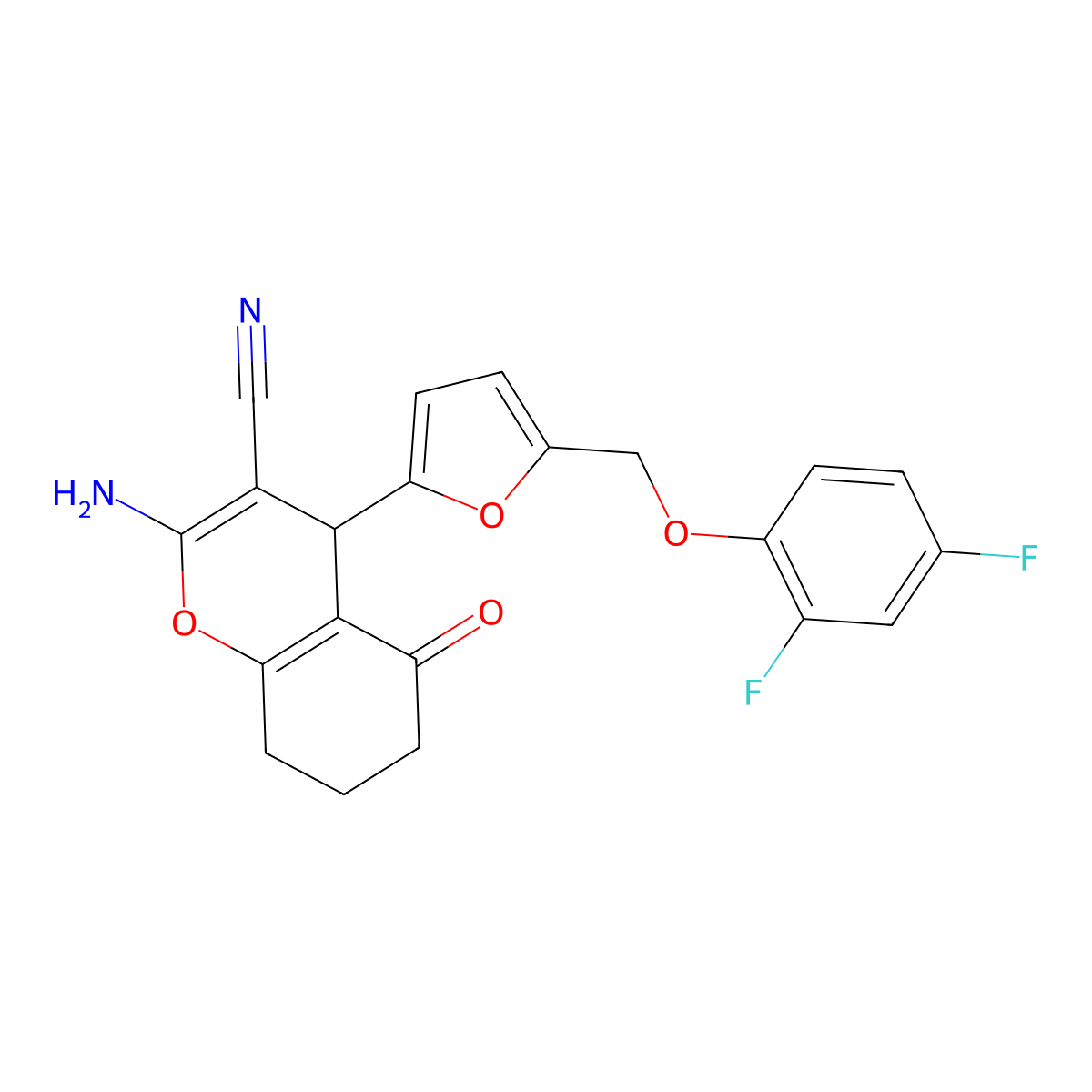 2-Amino-4-[5-[(2,4-difluorophenoxy)methyl]furan-2-yl]-5-oxo-4,6,7,8-tetrahydrochromene-3-carbonitrile molecular structure, CAS 515857-41-7