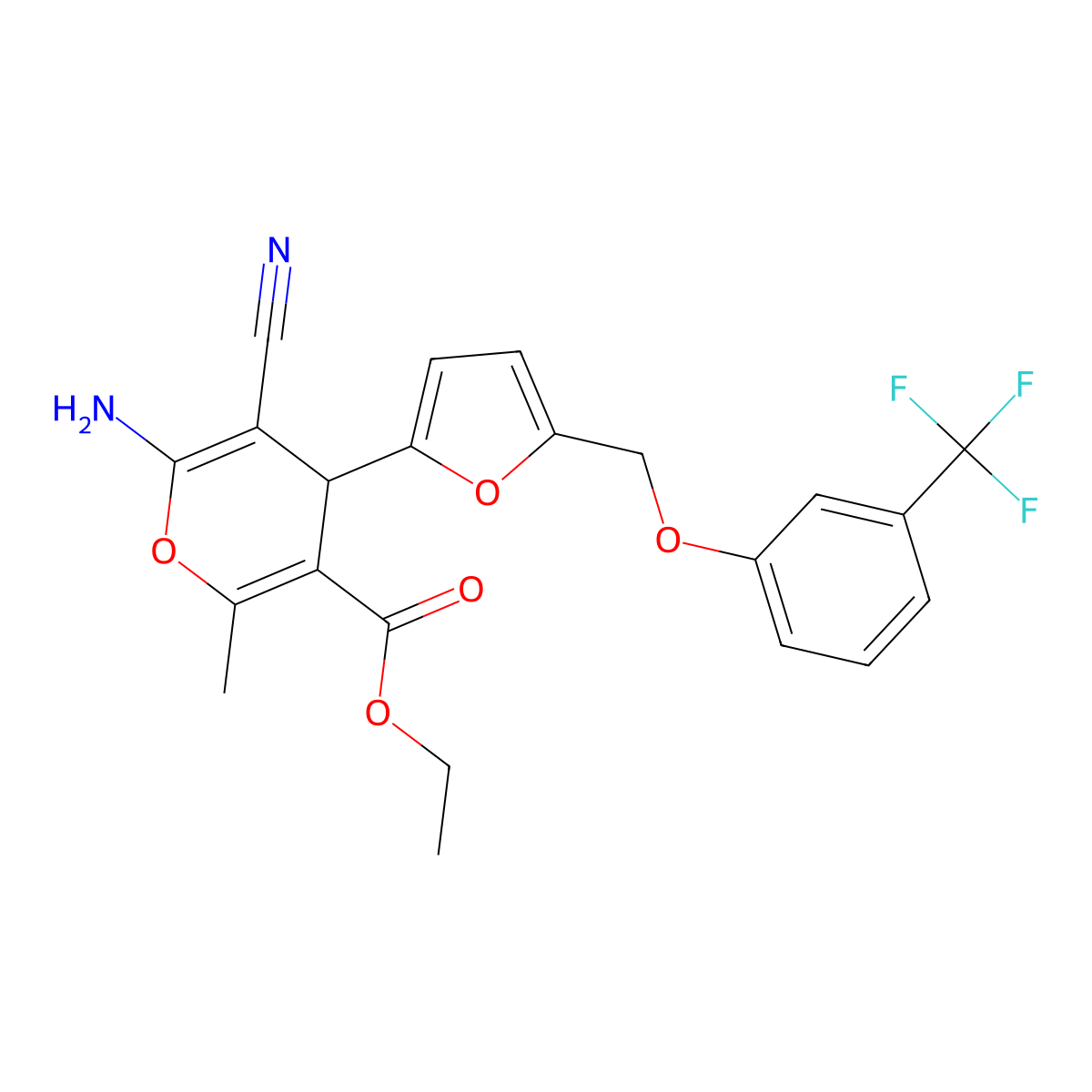 ethyl 6-amino-5-cyano-2-methyl-4-(5-{[3-(trifluoromethyl)phenoxy]methyl}-2-furyl)-4H-pyran-3-carboxylate molecular structure, CAS 515857-69-9