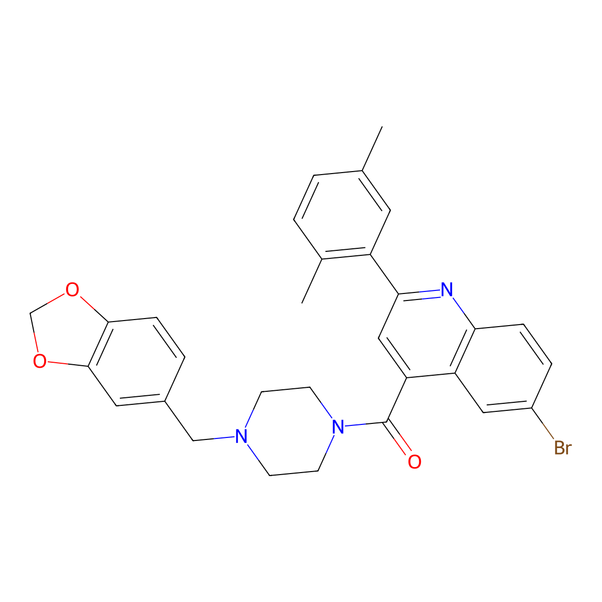 [4-(1,3-Benzodioxol-5-ylmethyl)piperazin-1-yl]-[6-bromo-2-(2,5-dimethylphenyl)quinolin-4-yl]methanone molecular structure, CAS 515861-00-4