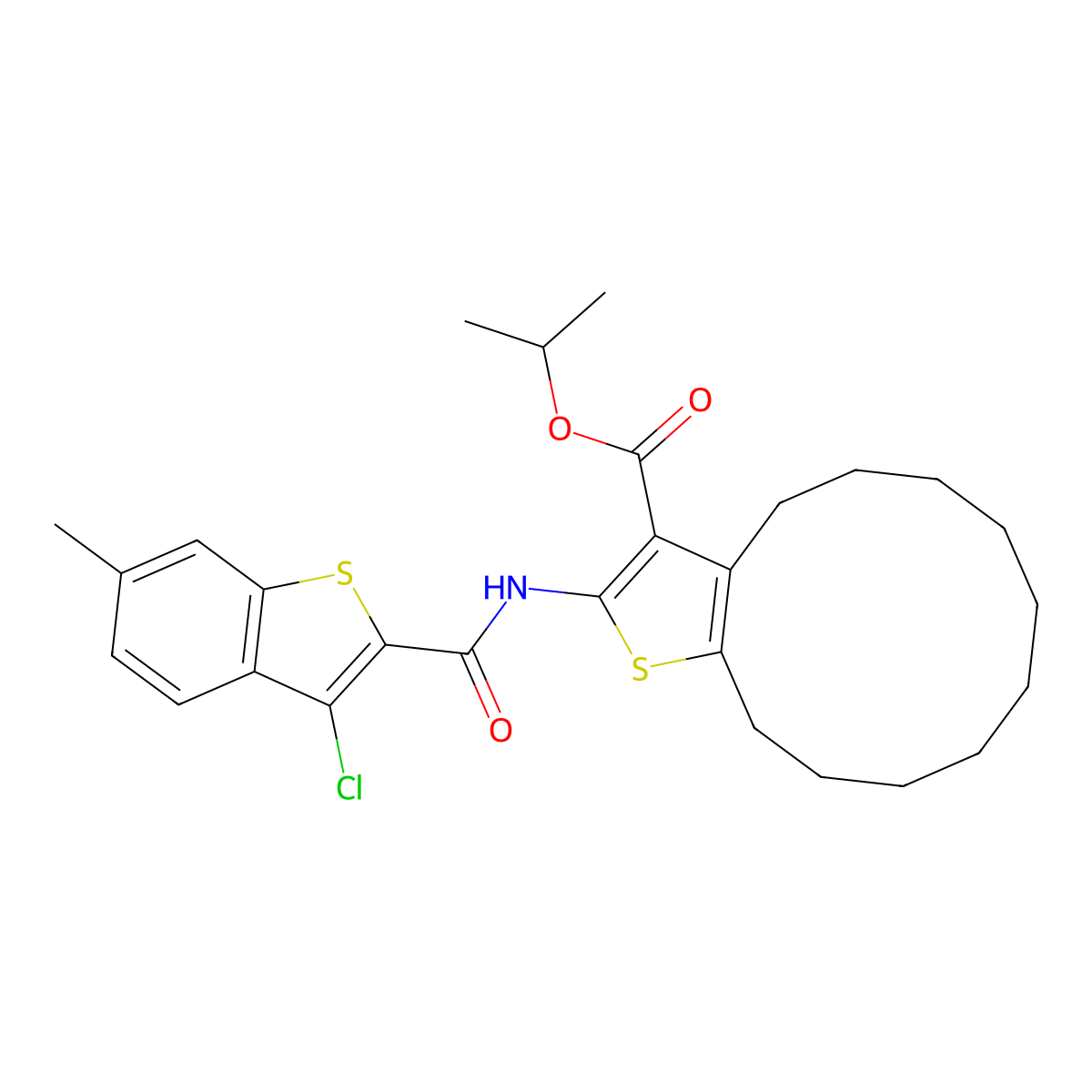 Isopropyl 2-{[(3-chloro-6-methyl-1-benzothien-2-yl)carbonyl]amino}-4,5,6,7,8,9,10,11,12,13-decahydrocyclododeca[b]thiophene-3-carboxylate molecular structure, CAS 515872-53-4