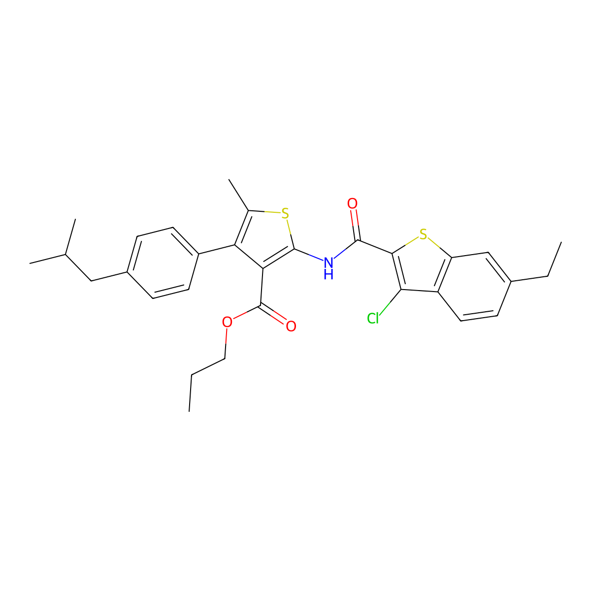 Propyl 2-{[(3-chloro-6-ethyl-1-benzothien-2-yl)carbonyl]amino}-4-(4-isobutylphenyl)-5-methyl-3-thiophenecarboxylate molecular structure, CAS 515872-62-5