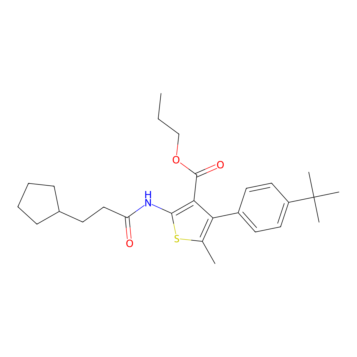 Propyl 4-(4-tert-butylphenyl)-2-(3-cyclopentylpropanoylamino)-5-methylthiophene-3-carboxylate molecular structure, CAS 515872-76-1