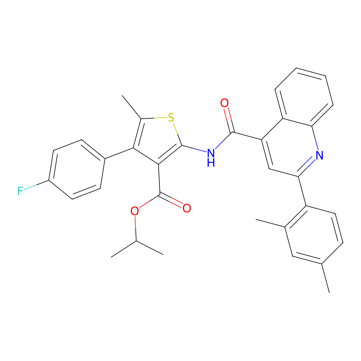 Isopropyl 2-({[2-(2,4-dimethylphenyl)-4-quinolinyl]carbonyl}amino)-4-(4-fluorophenyl)-5-methyl-3-thiophenecarboxylate molecular structure, CAS 515872-86-3