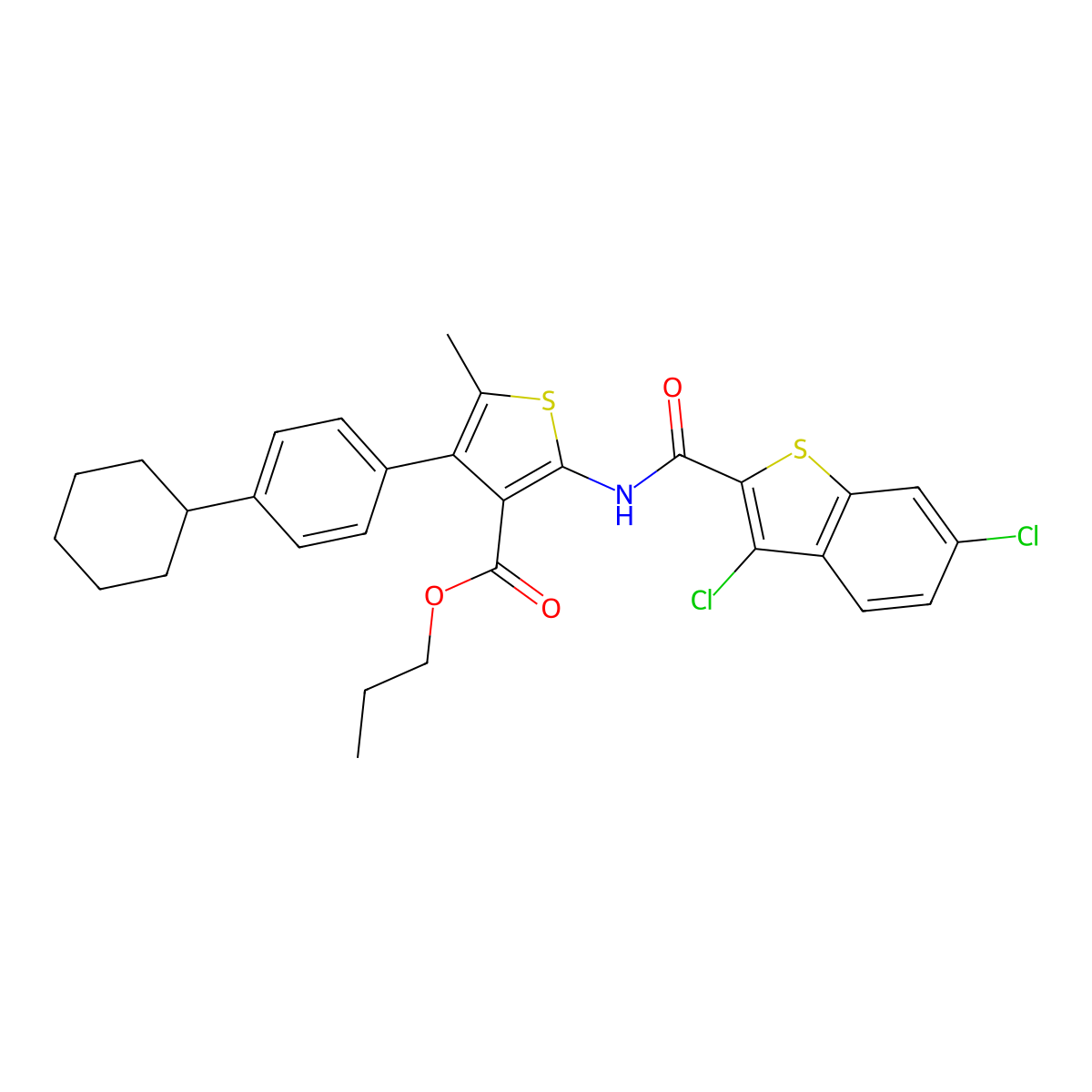 Propyl 4-(4-cyclohexylphenyl)-2-[(3,6-dichloro-1-benzothiophene-2-carbonyl)amino]-5-methylthiophene-3-carboxylate molecular structure, CAS 515872-92-1