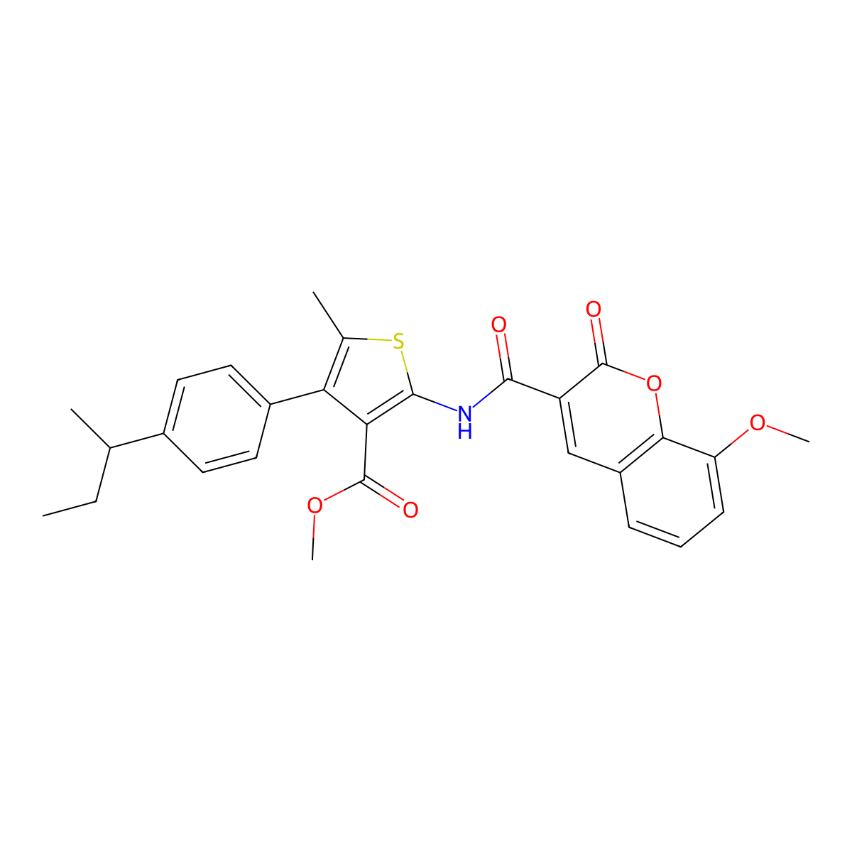 Methyl 4-(4-butan-2-ylphenyl)-2-[(8-methoxy-2-oxochromene-3-carbonyl)amino]-5-methylthiophene-3-carboxylate molecular structure, CAS 515872-94-3