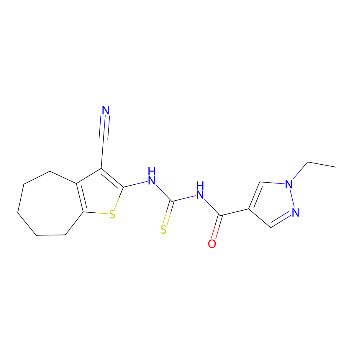 N-[(3-cyano-5,6,7,8-tetrahydro-4H-cyclohepta[b]thiophen-2-yl)carbamothioyl]-1-ethylpyrazole-4-carboxamide molecular structure, CAS 515873-42-4