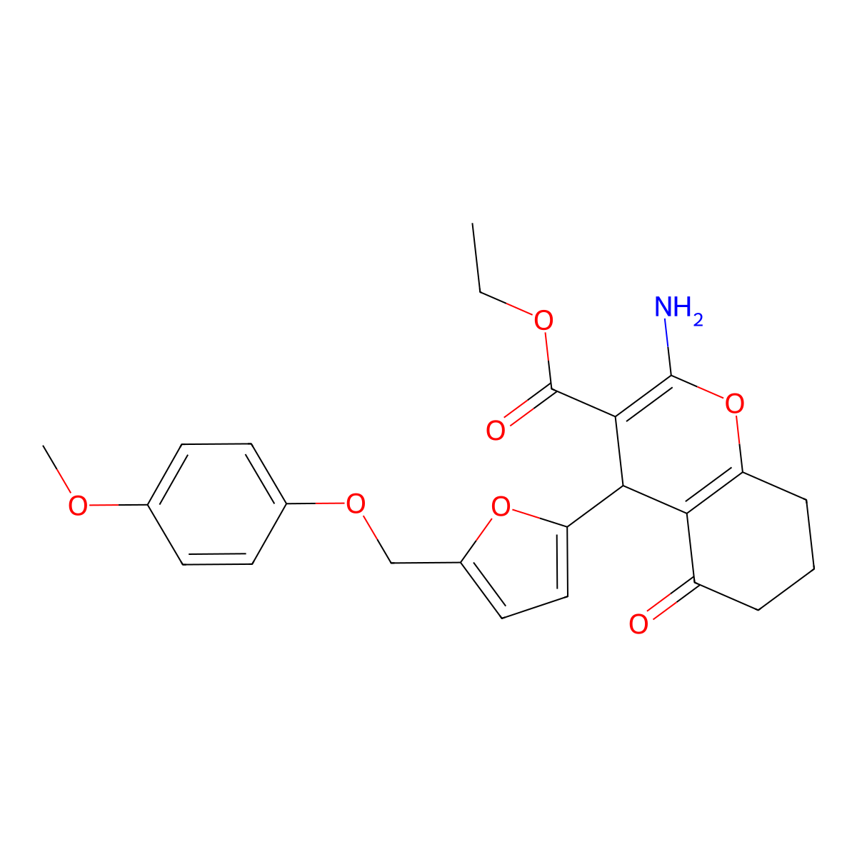 ethyl 2-amino-4-{5-[(4-methoxyphenoxy)methyl]-2-furyl}-5-oxo-5,6,7,8-tetrahydro-4H-chromene-3-carboxylate molecular structure, CAS 515874-39-2