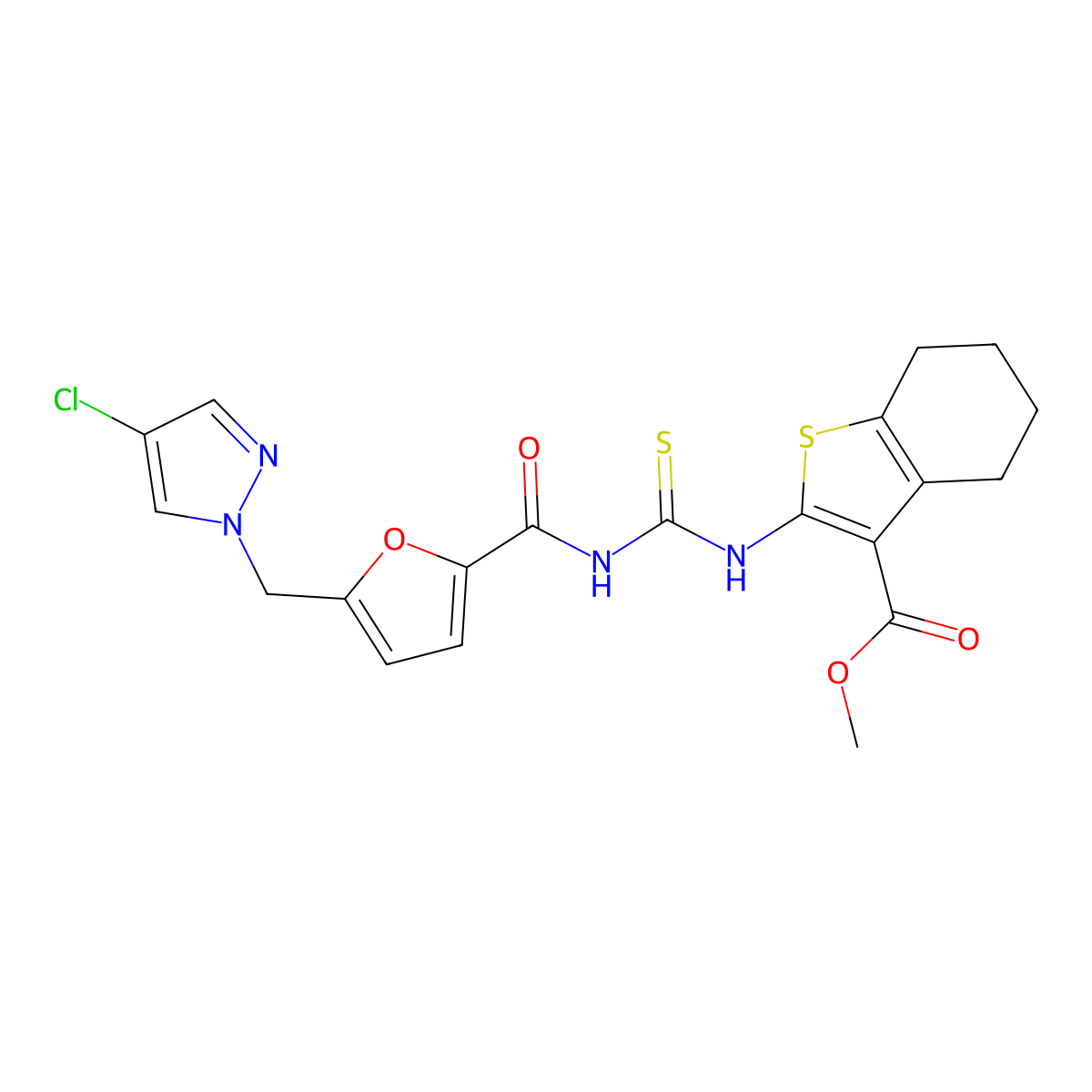 Methyl 2-[[5-[(4-chloropyrazol-1-yl)methyl]furan-2-carbonyl]carbamothioylamino]-4,5,6,7-tetrahydro-1-benzothiophene-3-carboxylate molecular structure, CAS 515874-43-8