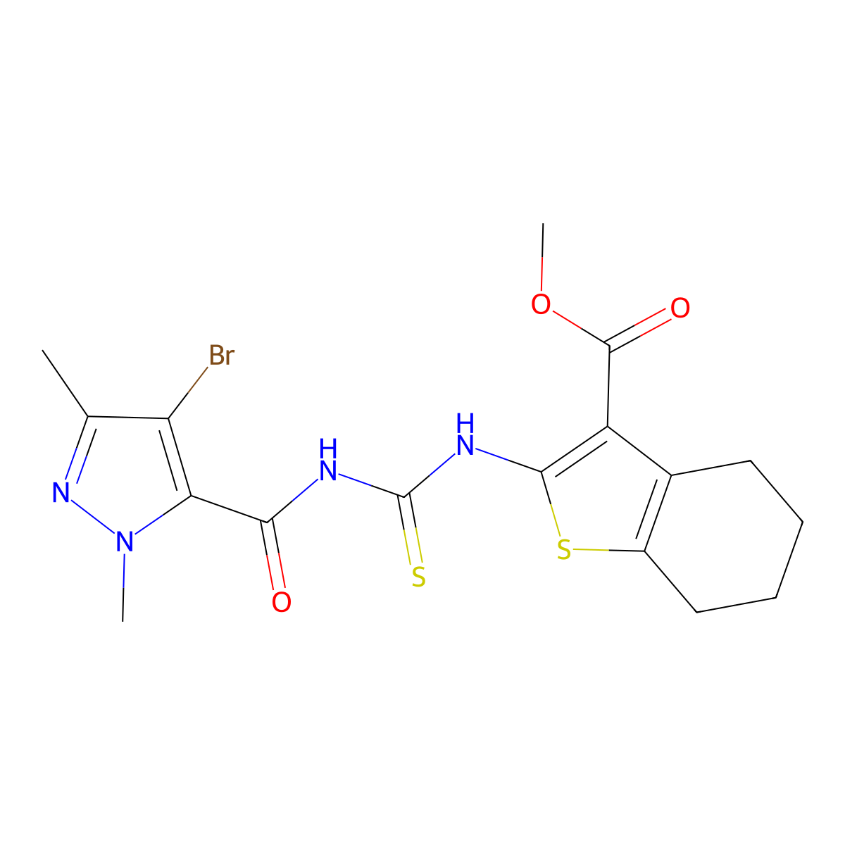 Methyl 2-[(4-bromo-2,5-dimethylpyrazole-3-carbonyl)carbamothioylamino]-4,5,6,7-tetrahydro-1-benzothiophene-3-carboxylate molecular structure, CAS 515874-54-1