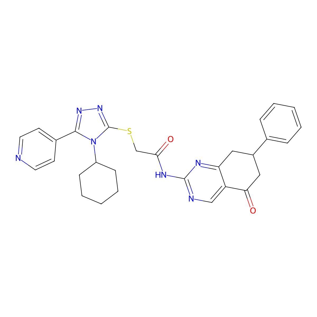 2-[(4-cyclohexyl-5-pyridin-4-yl-1,2,4-triazol-3-yl)sulfanyl]-N-(5-oxo-7-phenyl-7,8-dihydro-6H-quinazolin-2-yl)acetamide molecular structure, CAS 515874-82-5