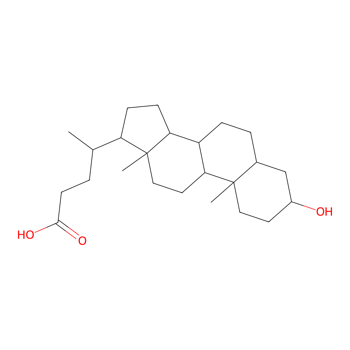 4-(3-hydroxy-10,13-dimethyl-2,3,4,5,6,7,8,9,11,12,14,15,16,17-tetradecahydro-1H-cyclopenta[a]phenanthren-17-yl)pentanoic acid molecular structure, CAS 516-73-4