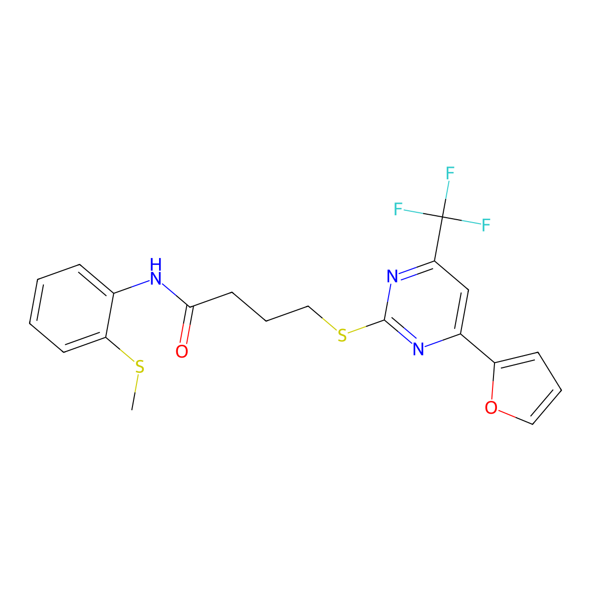 4-{[4-(Furan-2-yl)-6-(trifluoromethyl)pyrimidin-2-yl]sulfanyl}-N-[2-(methylsulfanyl)phenyl]butanamide molecular structure, CAS 5161-60-4