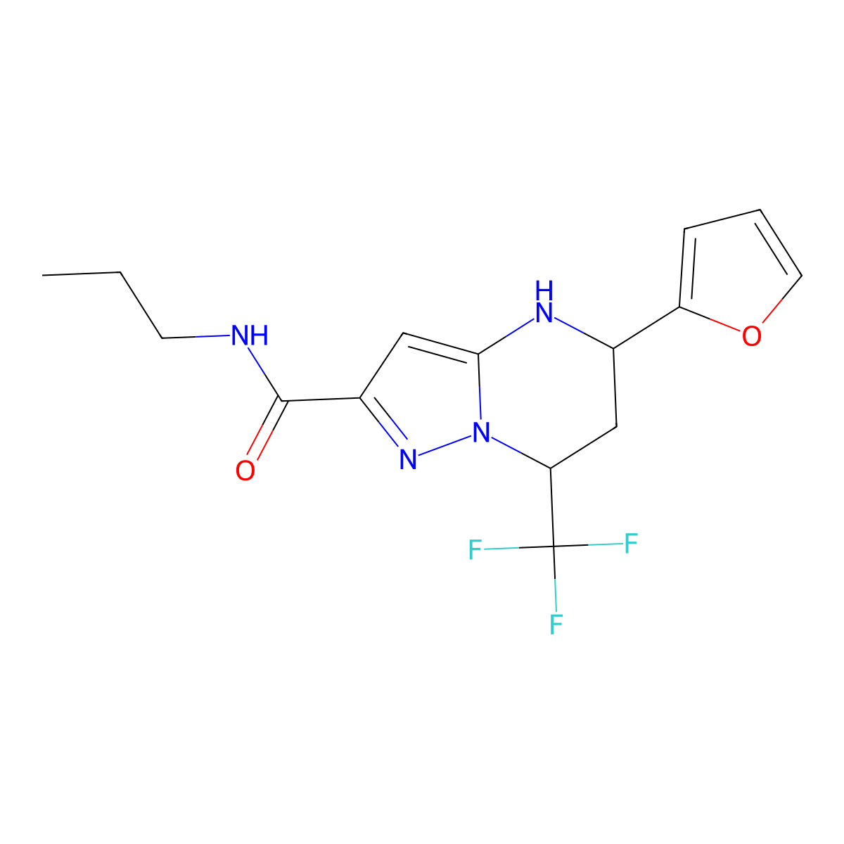 5-(furan-2-yl)-N-propyl-7-(trifluoromethyl)-1,5,6,7-tetrahydropyrazolo[1,5-a]pyrimidine-2-carboxamide molecular structure, CAS 5161-86-4