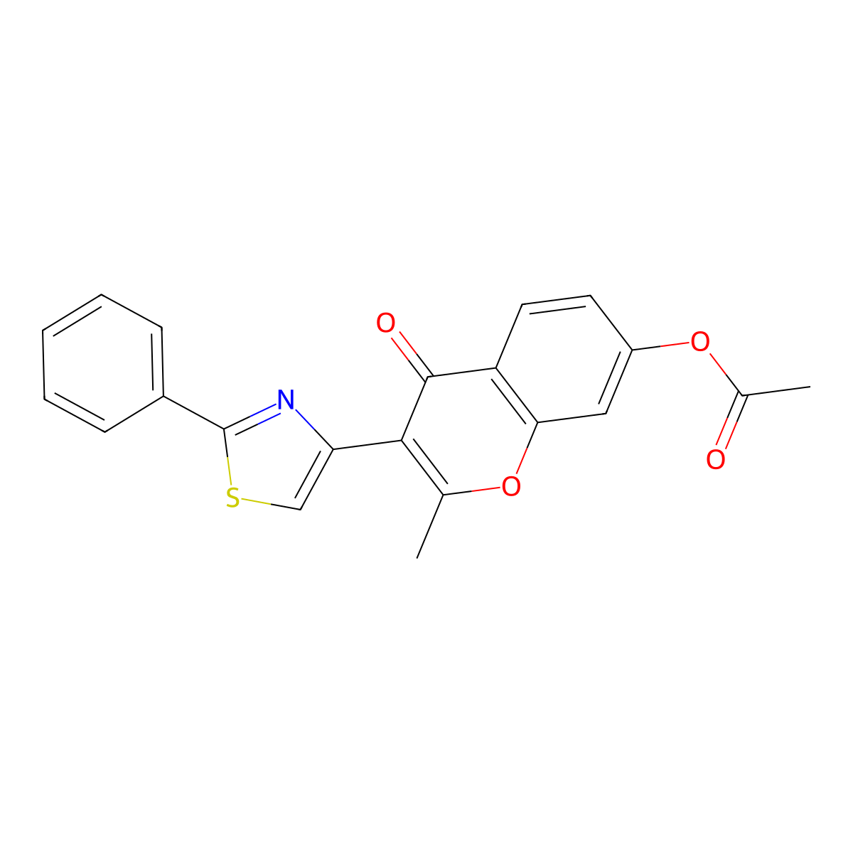 4H-1-Benzopyran-4-one, 7-(acetyloxy)-2-methyl-3-(2-phenyl-4-thiazolyl)- molecular structure, CAS 51625-86-6