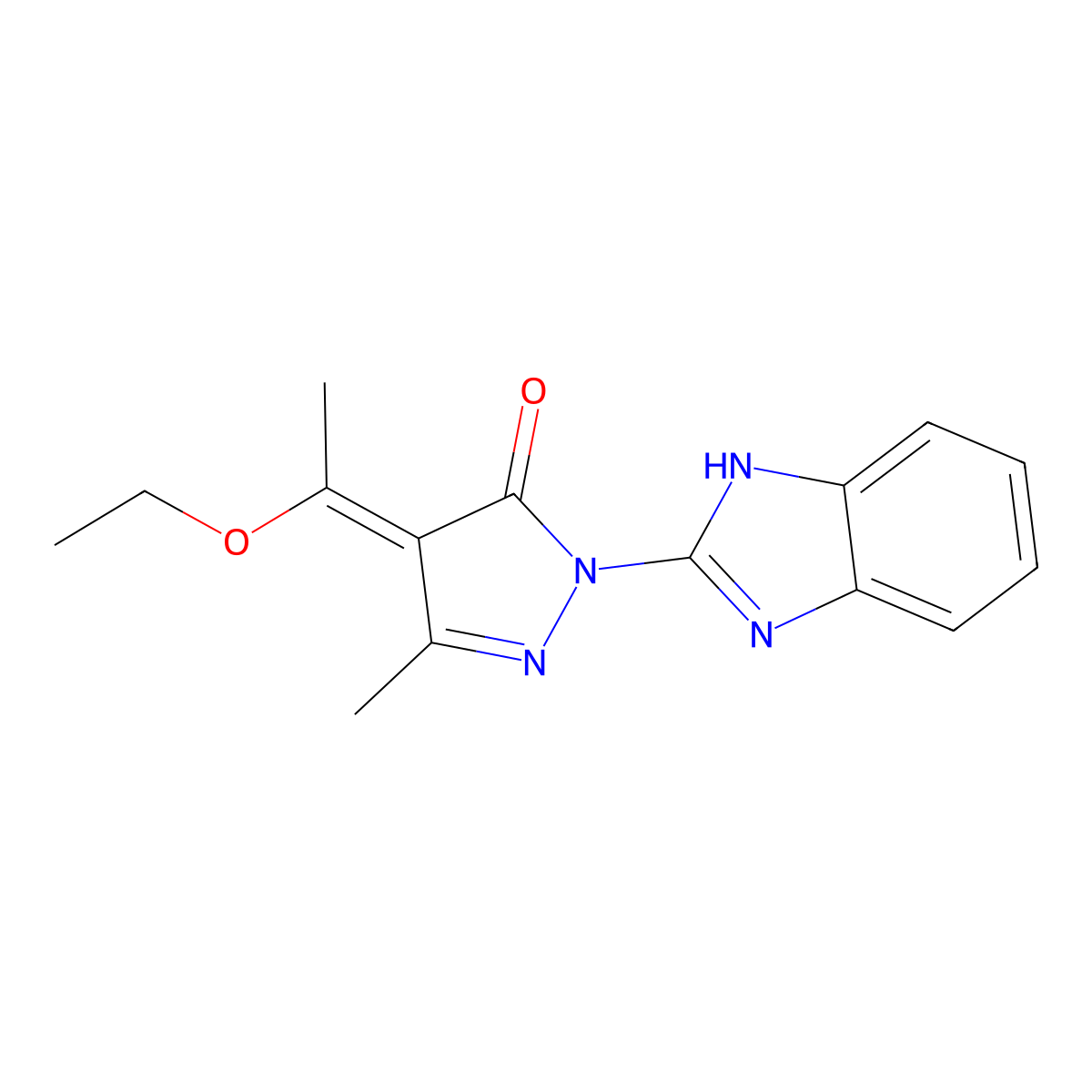 3H-Pyrazol-3-one, 2-(1H-benzimidazol-2-yl)-4-(1-ethoxyethylidene)-2,4-dihydro-5-methyl- molecular structure, CAS 516455-59-7