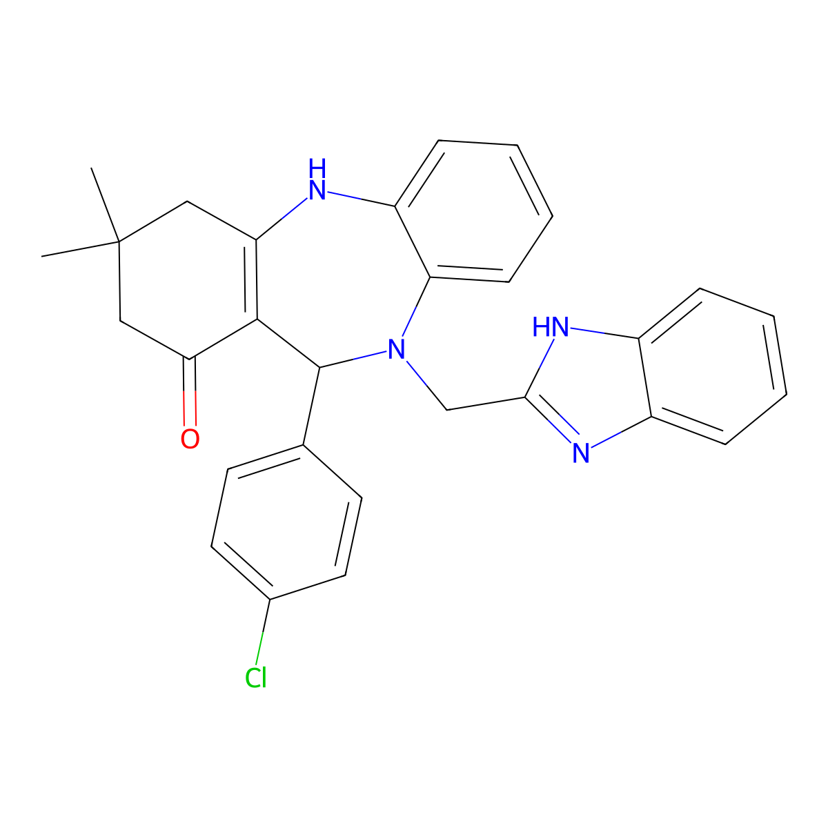 10-(1H-benzimidazol-2-ylmethyl)-11-(4-chlorophenyl)-3,3-dimethyl-2,3,4,5,10,11-hexahydro-1H-dibenzo[b,e][1,4]diazepin-1-one molecular structure, CAS 516455-82-6