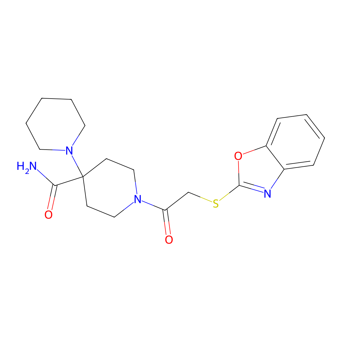 1-(2-(Benzo[D]oxazol-2-ylthio)acetyl)-4-(piperidin-1-YL)piperidine-4-carboxamide molecular structure, CAS 516455-99-5
