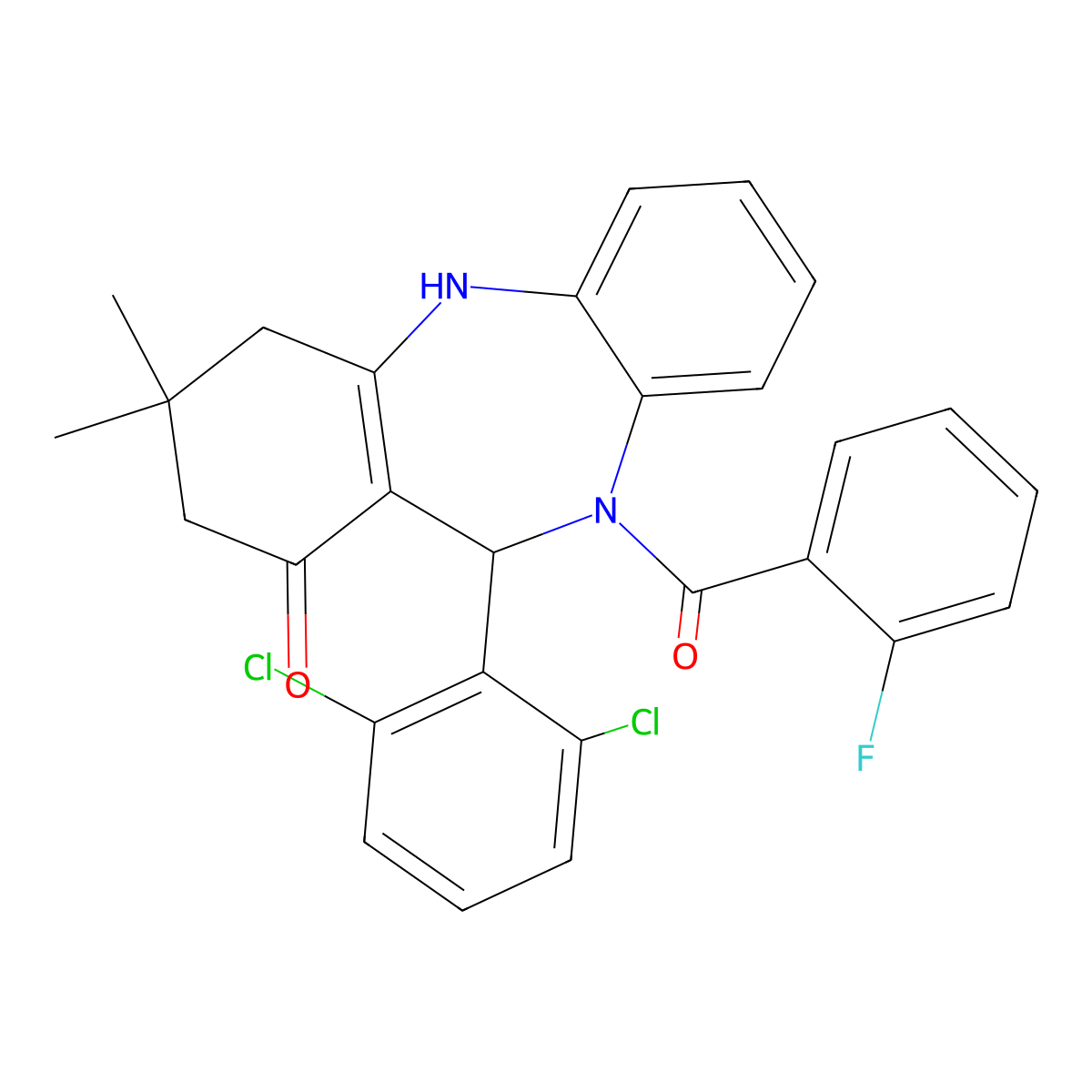 6-(2,6-Dichlorophenyl)-5-(2-fluorobenzoyl)-9,9-dimethyl-6,8,10,11-tetrahydrobenzo[b][1,4]benzodiazepin-7-one molecular structure, CAS 516456-18-1