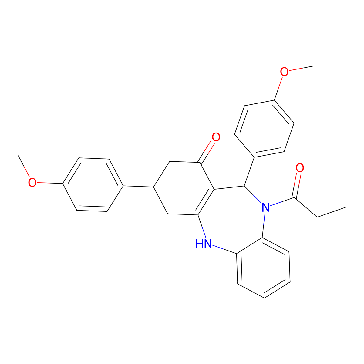 6,9-bis(4-methoxyphenyl)-5-propanoyl-8,9,10,11-tetrahydro-6H-benzo[b][1,4]benzodiazepin-7-one molecular structure, CAS 516456-31-8