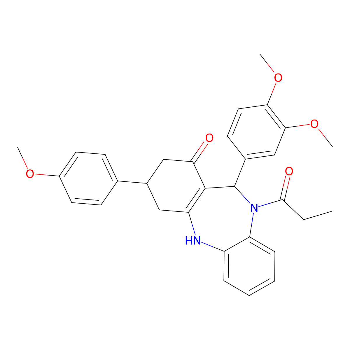6-(3,4-dimethoxyphenyl)-9-(4-methoxyphenyl)-5-propanoyl-8,9,10,11-tetrahydro-6H-benzo[b][1,4]benzodiazepin-7-one molecular structure, CAS 516456-40-9