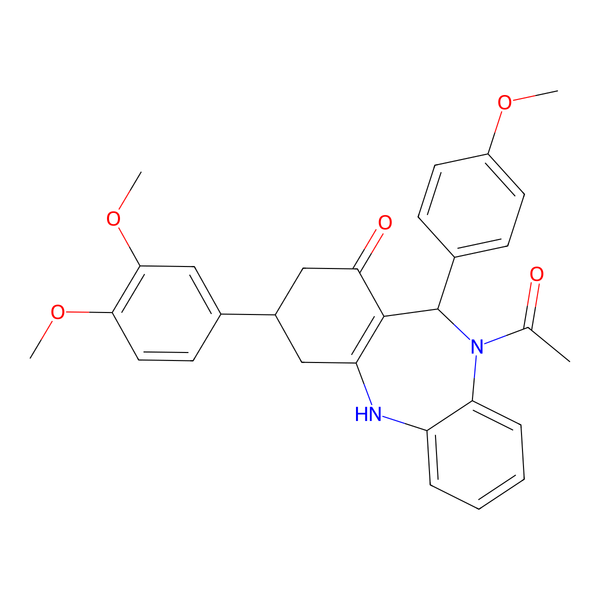 1-[3-(3,4-dimethoxyphenyl)-1-hydroxy-11-(4-methoxyphenyl)-2,3,4,11-tetrahydro-10H-dibenzo[b,e][1,4]diazepin-10-yl]ethanone molecular structure, CAS 516456-44-3