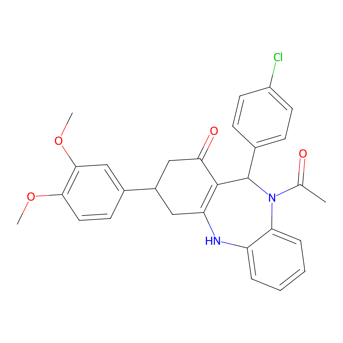 5-acetyl-6-(4-chlorophenyl)-9-(3,4-dimethoxyphenyl)-8,9,10,11-tetrahydro-6H-benzo[b][1,4]benzodiazepin-7-one molecular structure, CAS 516456-48-7