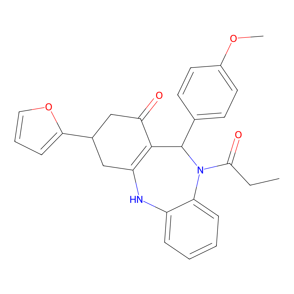 9-(furan-2-yl)-6-(4-methoxyphenyl)-5-propanoyl-8,9,10,11-tetrahydro-6H-benzo[b][1,4]benzodiazepin-7-one molecular structure, CAS 516456-50-1