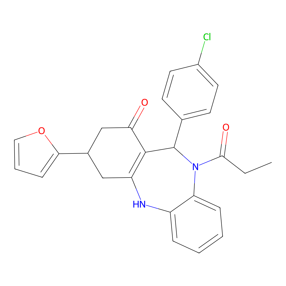 1-[11-(4-chlorophenyl)-3-(furan-2-yl)-1-hydroxy-2,3,4,11-tetrahydro-10H-dibenzo[b,e][1,4]diazepin-10-yl]propan-1-one molecular structure, CAS 516456-57-8