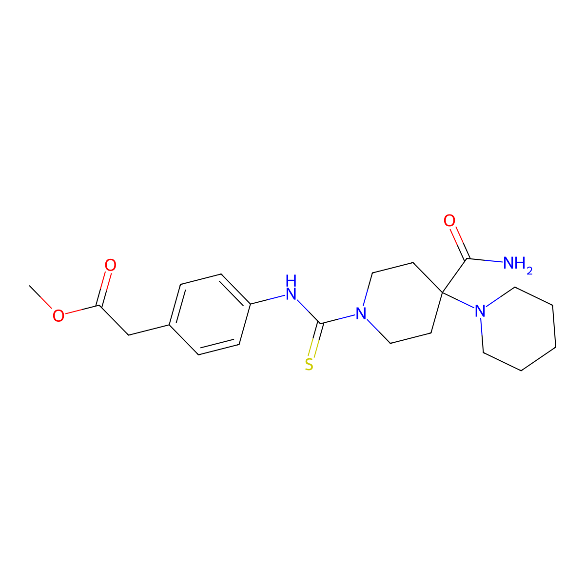 Methyl 2-[4-[(4-carbamoyl-4-piperidin-1-ylpiperidine-1-carbothioyl)amino]phenyl]acetate molecular structure, CAS 516457-97-9
