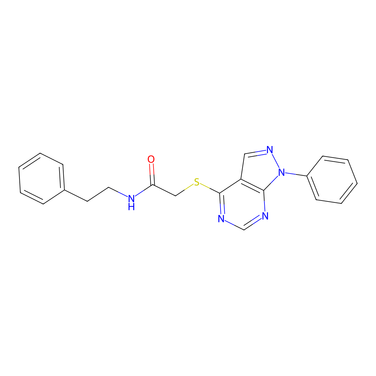 N-phenethyl-2-((1-phenyl-1H-pyrazolo[3,4-d]pyrimidin-4-yl)thio)acetamide molecular structure, CAS 516461-38-4