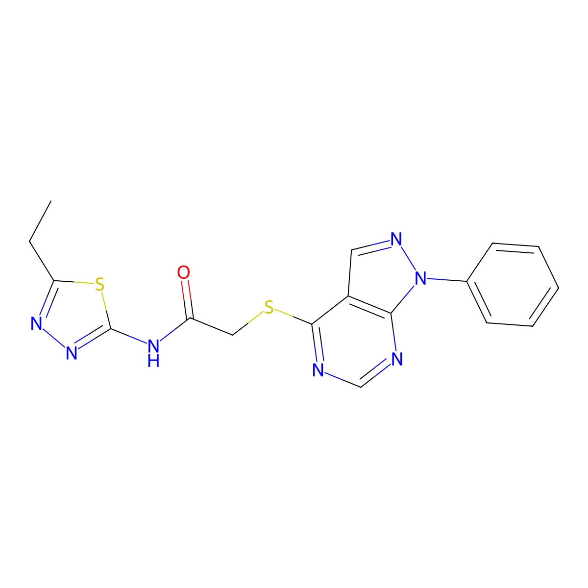 N-(5-ethyl-1,3,4-thiadiazol-2-yl)-2-(1-phenylpyrazolo[3,4-d]pyrimidin-4-yl)sulfanylacetamide molecular structure, CAS 516461-41-9