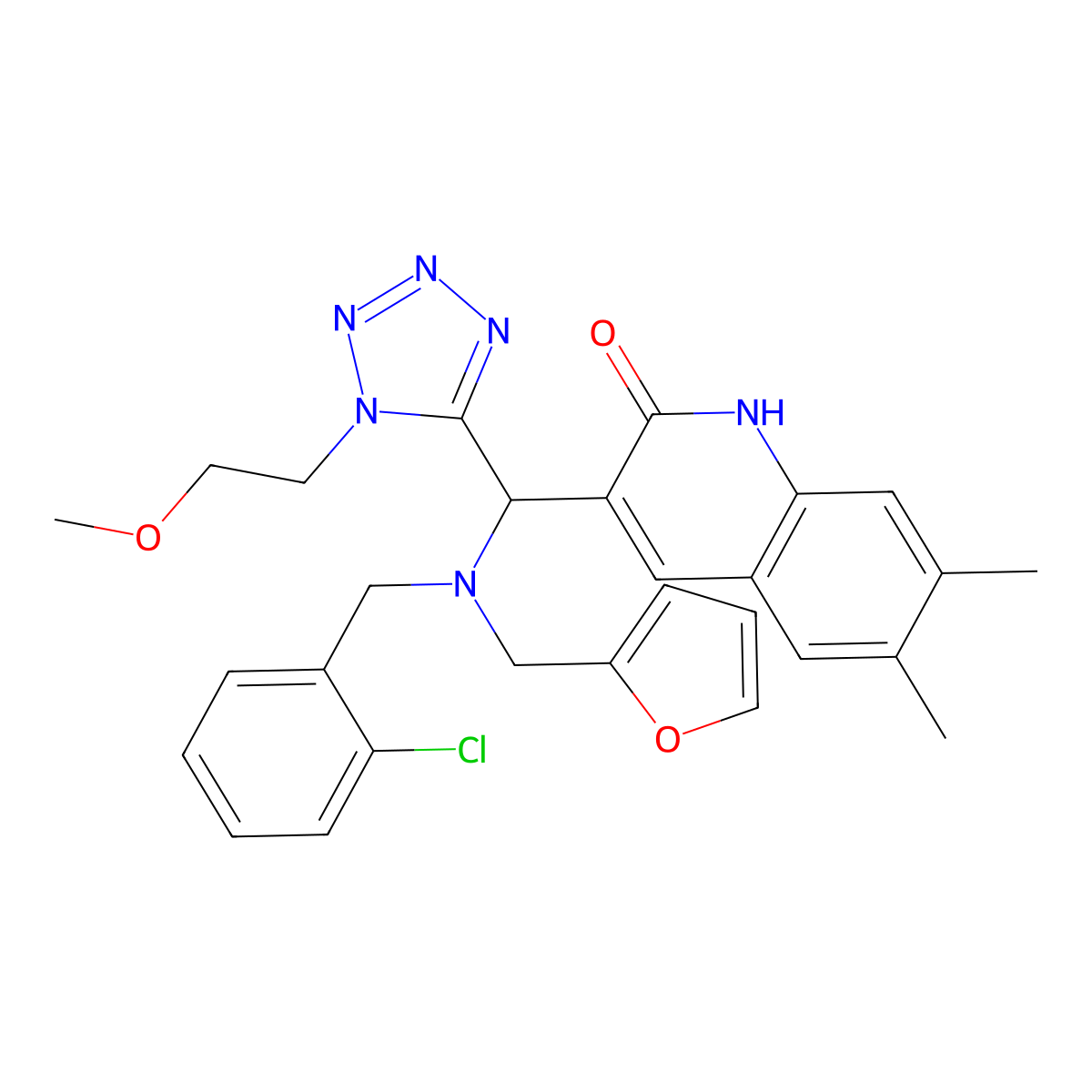 3-[[(2-chlorophenyl)methyl-(furan-2-ylmethyl)amino]-[1-(2-methoxyethyl)tetrazol-5-yl]methyl]-6,7-dimethyl-1H-quinolin-2-one molecular structure, CAS 5167-51-1