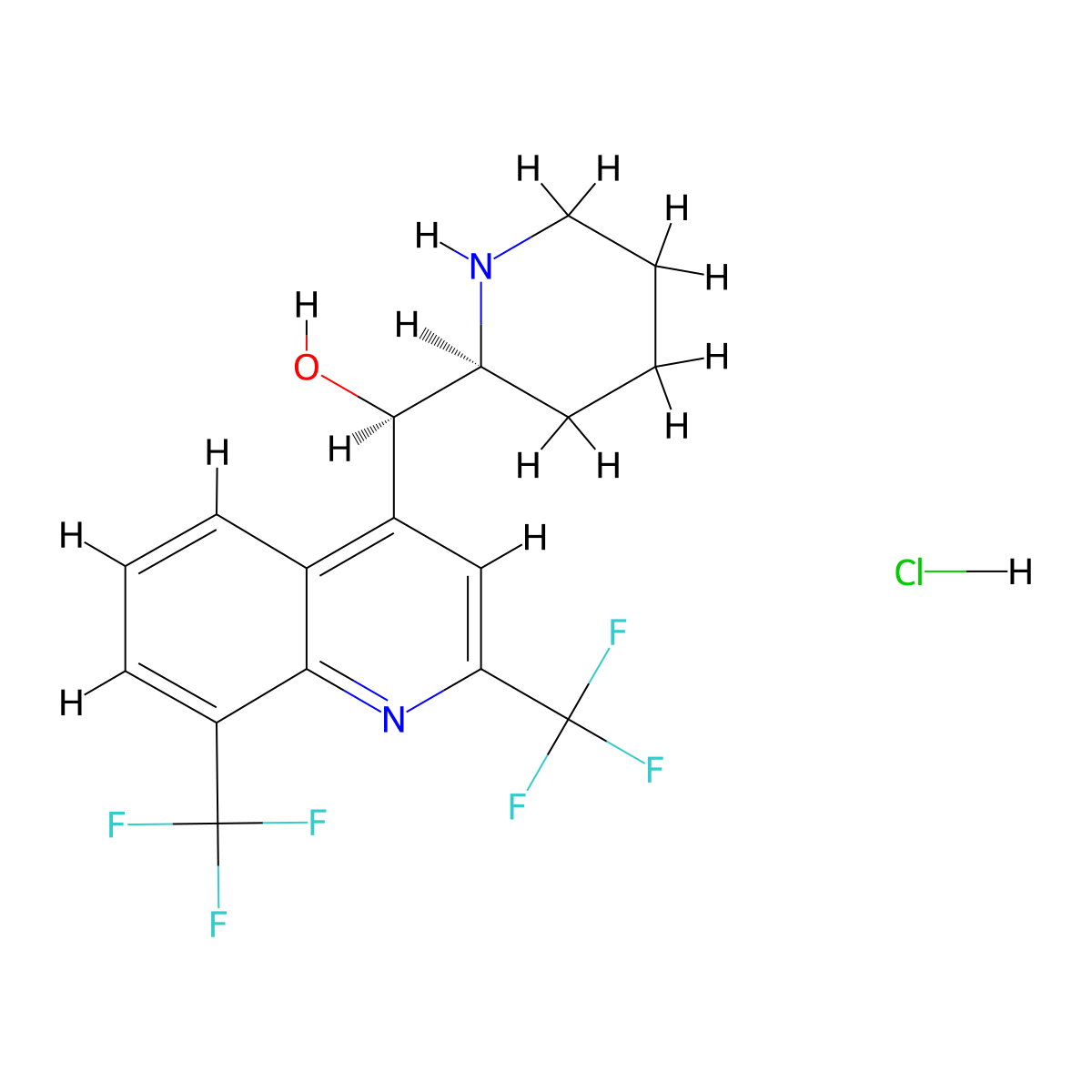 4-Quinolinemethanol, alpha-(2S)-2-piperidinyl-2,8-bis(trifluoromethyl)-, hydrochloride (1:1), (alphaR)- molecular structure, CAS 51744-83-3
