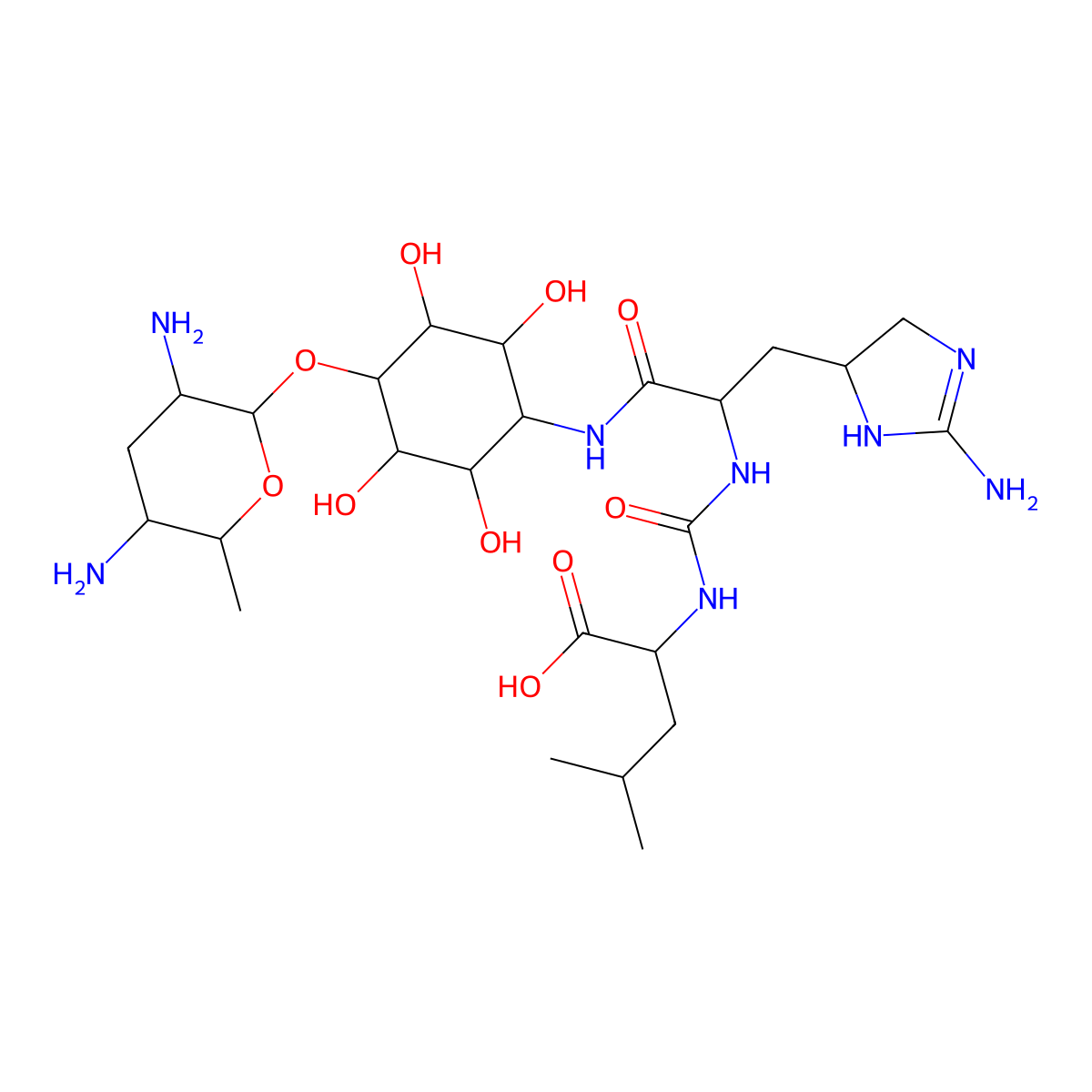 D-myo-Inositol, 1-(((2S)-3-((4R)-2-amino-4,5-dihydro-1H-imidazol-4-yl)-2-(((((1S)-1-carboxy-3-methylbutyl)amino)carbonyl)amino)-1-oxopropyl)amino)-1-deoxy-4-O-(2,4-diamino-2,3,4,6-tetradeoxy-alpha-D-arabino-hexopyranosyl)- molecular structure, CAS 51746-09-9