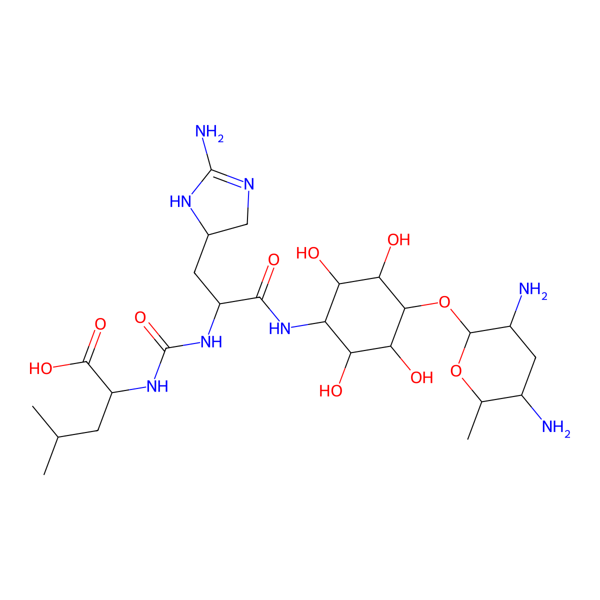 D-myo-Inositol, 1-(((2S)-3-((4R)-2-amino-4,5-dihydro-1H-imidazol-4-yl)-2-(((((1S)-1-carboxy-3-methylbutyl)amino)carbonyl)amino)-1-oxopropyl)amino)-1-deoxy-4-O-(2,4-diamino-2,3,4,6-tetradeoxy-alpha-D-arabino-hexopyranosyl)- molecular structure, CAS 51746-09-9