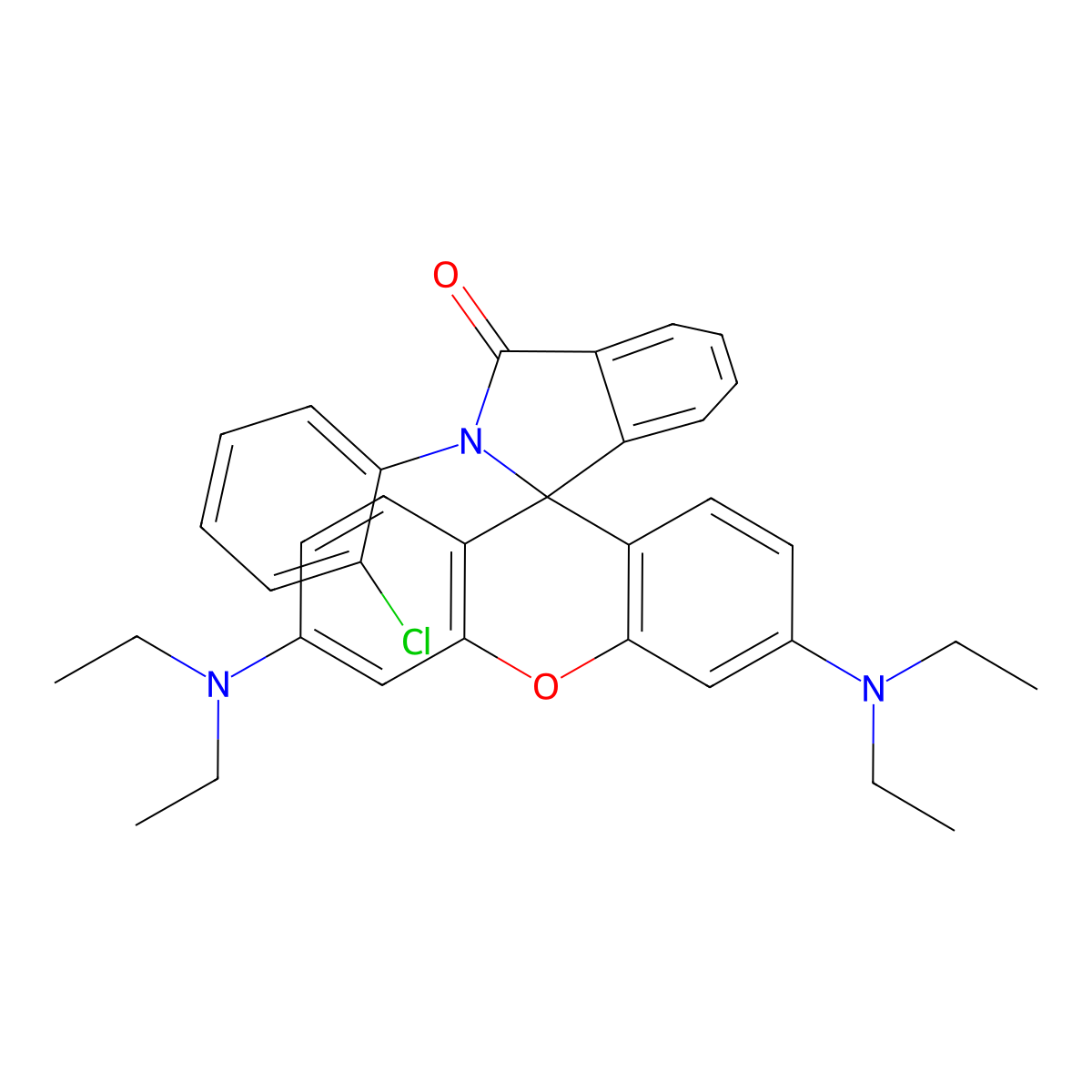 Spiro(1H-isoindole-1,9'-(9H)xanthen)-3(2H)-one, 2-(2-chlorophenyl)-3',6'-bis(diethylamino)- molecular structure, CAS 51750-84-6
