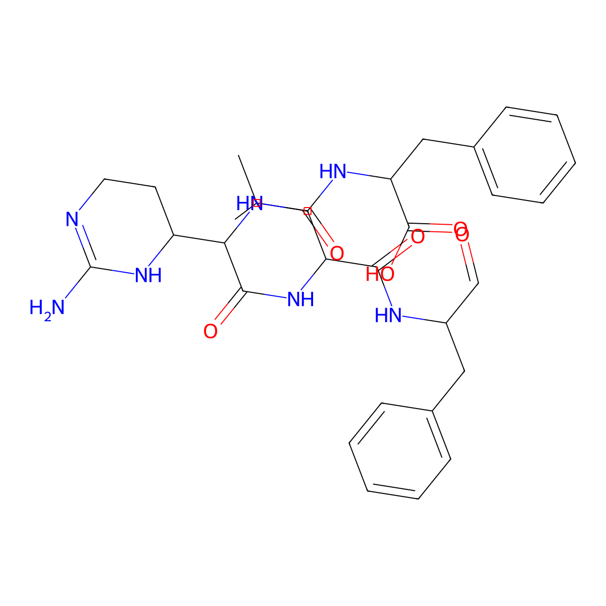 L-2-(2-Amino-1,4,5,6-tetrahydro-4-pyrimidinyl)-N-(((alpha-carboxyphenethyl)amino)carbonyl)glycyl-N-(alpha-formylphenethyl)-L-leucinamide, stereoisomer molecular structure, CAS 51759-76-3