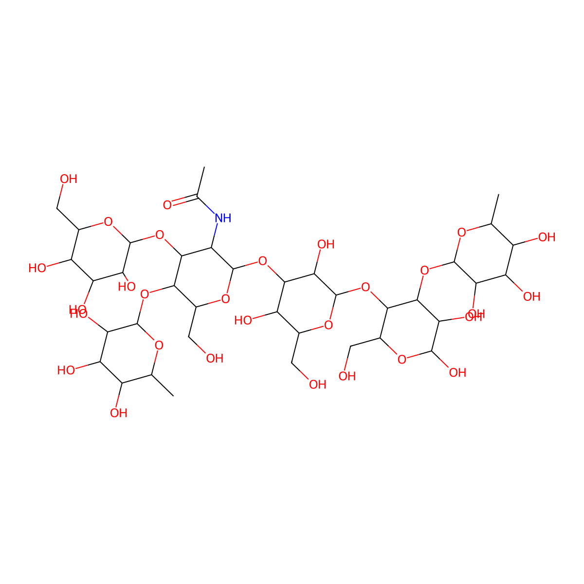 N-[2-[2-[5,6-dihydroxy-2-(hydroxymethyl)-4-(3,4,5-trihydroxy-6-methyloxan-2-yl)oxyoxan-3-yl]oxy-3,5-dihydroxy-6-(hydroxymethyl)oxan-4-yl]oxy-6-(hydroxymethyl)-4-[3,4,5-trihydroxy-6-(hydroxymethyl)oxan-2-yl]oxy-5-(3,4,5-trihydroxy-6-methyloxan-2-yl)oxyoxan-3-yl]acetamide molecular structure, CAS 51778-29-1