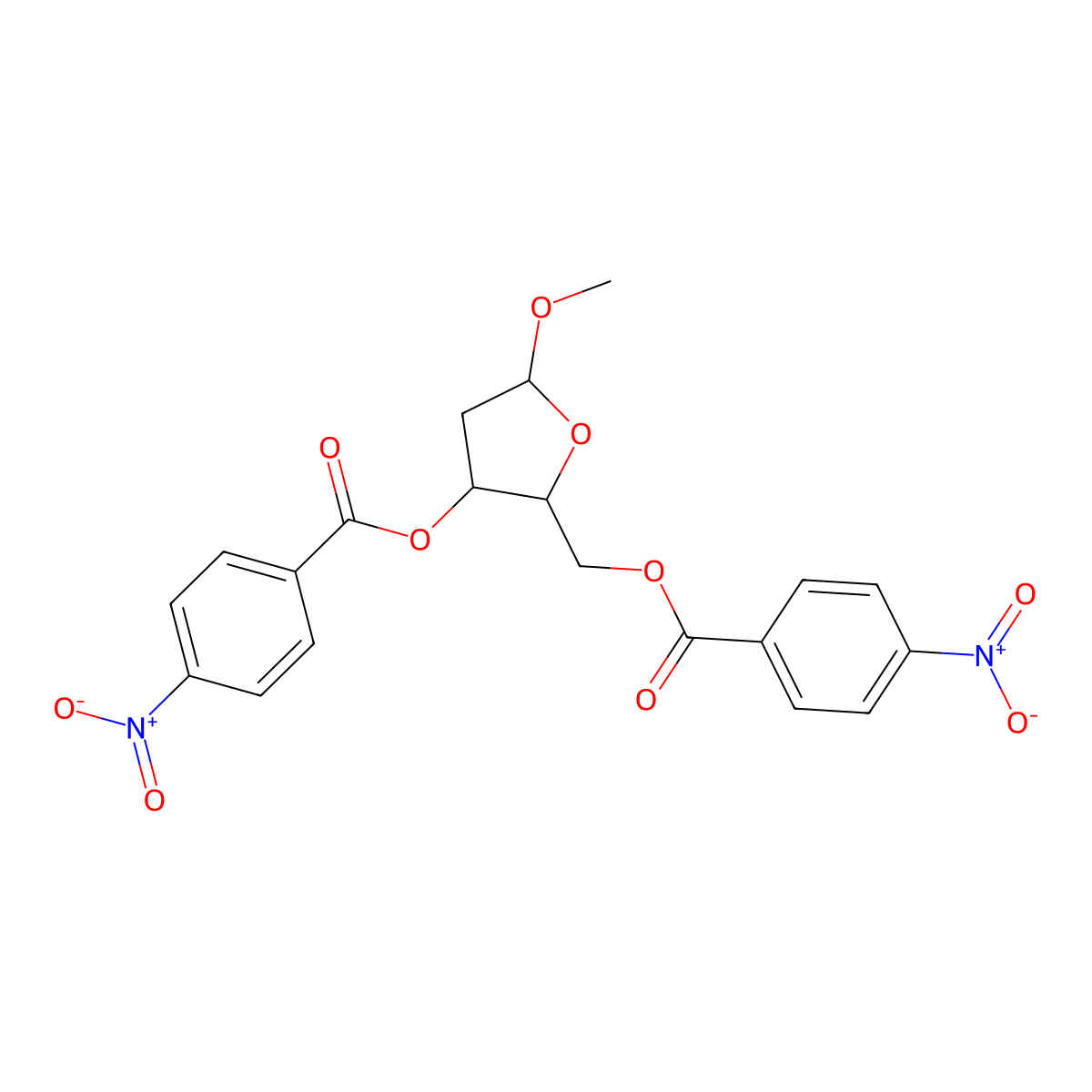 Methyl 2-deoxy-3,5-bis-O-(4-nitrobenzoyl)pentofuranoside molecular structure, CAS 51785-71-8