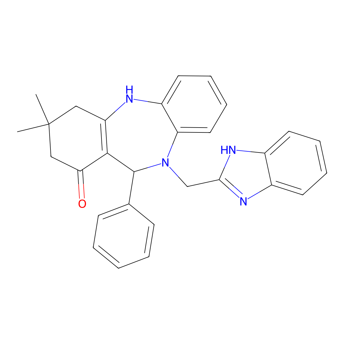 10-(1H-benzimidazol-2-ylmethyl)-3,3-dimethyl-11-phenyl-2,3,4,5,10,11-hexahydro-1H-dibenzo[b,e][1,4]diazepin-1-one molecular structure, CAS 517868-83-6