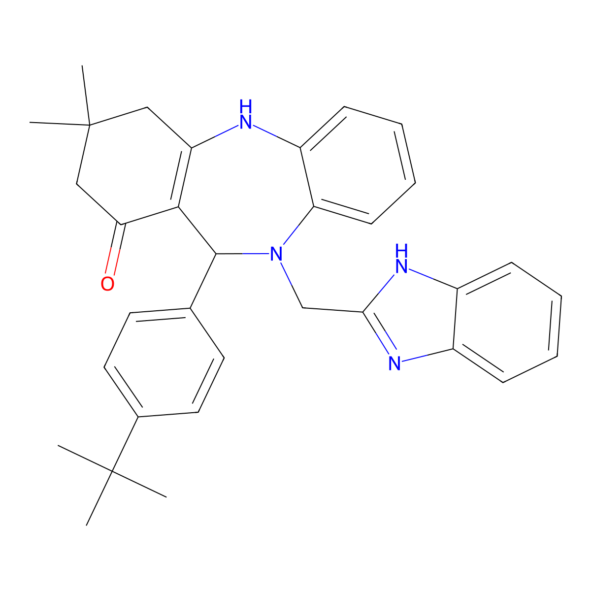10-(1H-benzimidazol-2-ylmethyl)-11-(4-tert-butylphenyl)-3,3-dimethyl-2,3,4,5,10,11-hexahydro-1H-dibenzo[b,e][1,4]diazepin-1-one molecular structure, CAS 517868-89-2