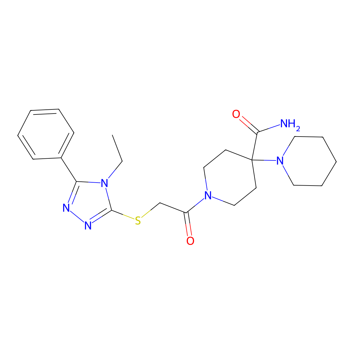 1-[2-[(4-Ethyl-5-phenyl-1,2,4-triazol-3-yl)sulfanyl]acetyl]-4-piperidin-1-ylpiperidine-4-carboxamide molecular structure, CAS 517869-13-5