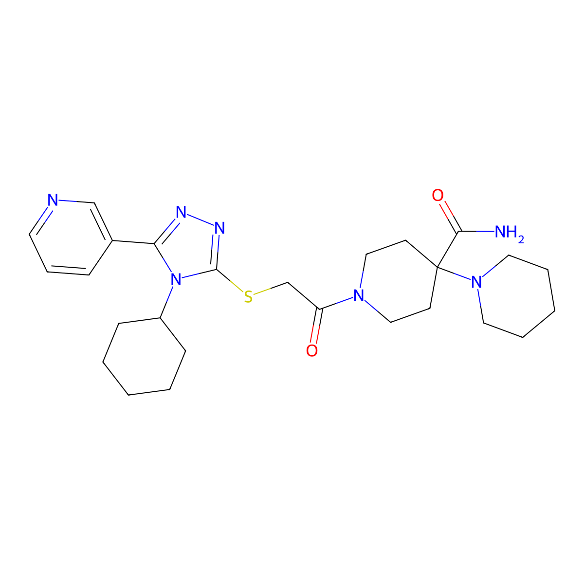 1-[2-[(4-Cyclohexyl-5-pyridin-3-yl-1,2,4-triazol-3-yl)sulfanyl]acetyl]-4-piperidin-1-ylpiperidine-4-carboxamide molecular structure, CAS 517869-15-7