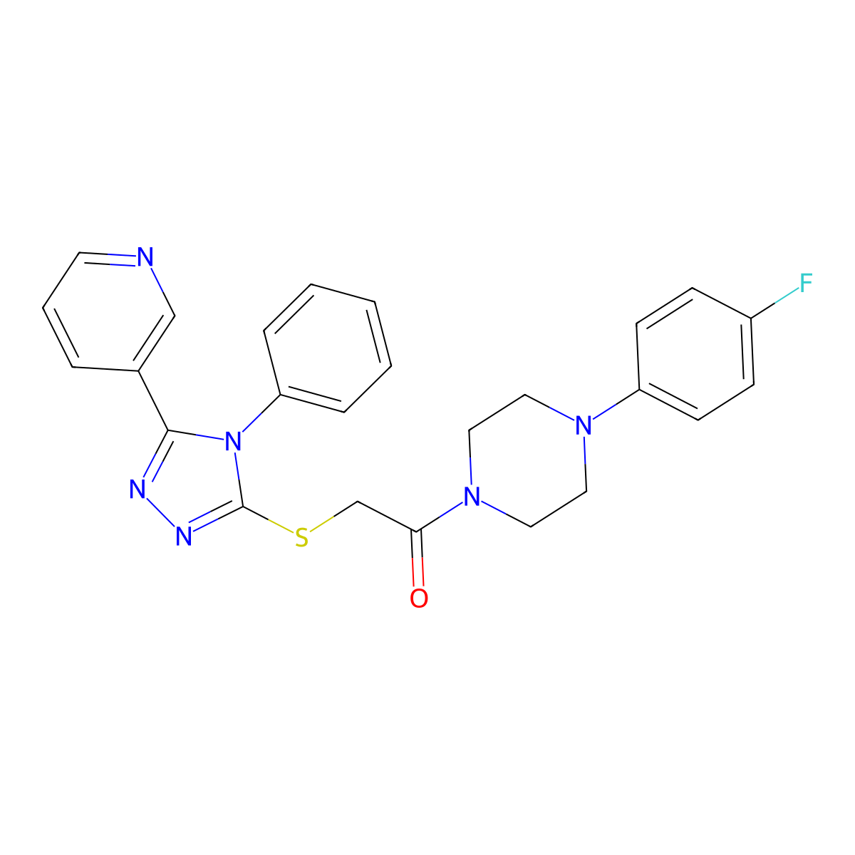 1-(4-fluorophenyl)-4-({[4-phenyl-5-(3-pyridinyl)-4H-1,2,4-triazol-3-yl]thio}acetyl)piperazine molecular structure, CAS 517869-19-1