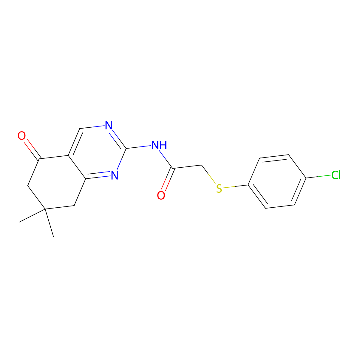2-[(4-chlorophenyl)sulfanyl]-N-(7,7-dimethyl-5-oxo-5,6,7,8-tetrahydroquinazolin-2-yl)acetamide molecular structure, CAS 517869-54-4